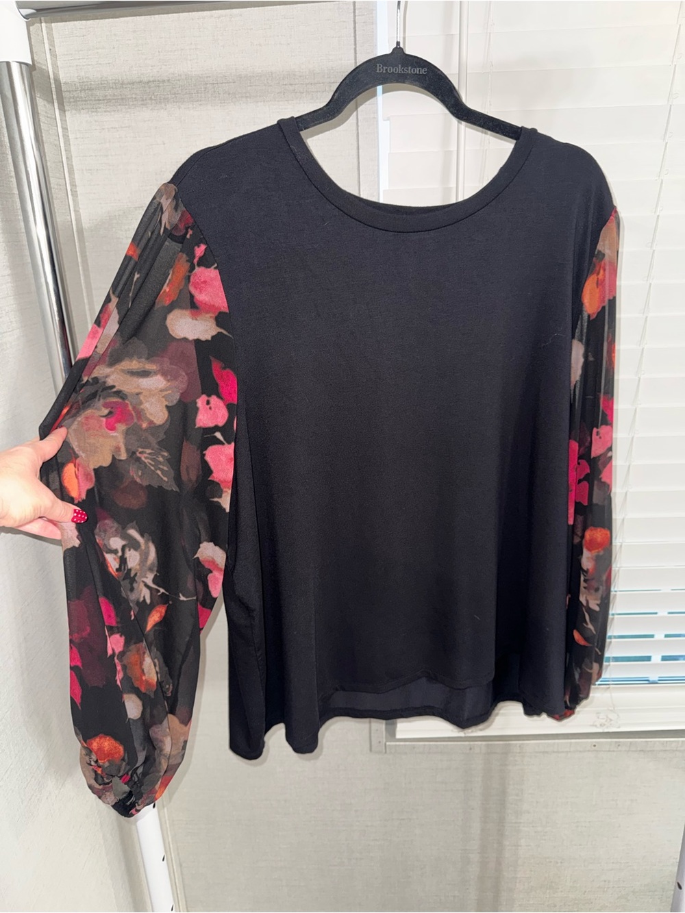 Tahari Black Top with Floral Sheer Balloon Sleeves